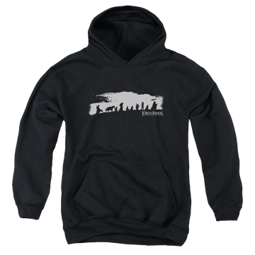 Black youth hoodie for ages 8 to 12 with Lord of the Rings The Fellowship graphic