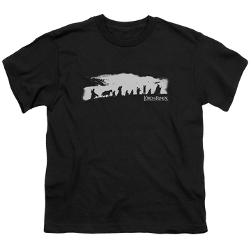 Black youth t-shirt for ages 8 to 12 with Lord of the Rings The Fellowship graphic