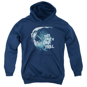 Navy youth hoodie for ages 8 to 12 with Lord of the Rings Cave Troll graphic