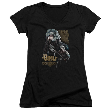 Black juniors v-neck t-shirt with Lord of the Rings Gimli graphic