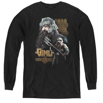Black youth long sleeve t-shirt with Lord of the Rings Gimli graphic