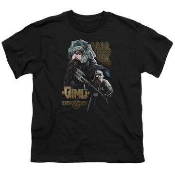 Black youth t-shirt for ages 8 to 12 with Lord of the Rings Gimli graphic