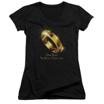 Black juniors v-neck t-shirt with Lord of the Rings One Ring graphic
