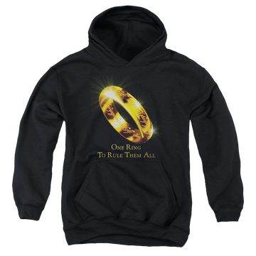 Black youth hoodie for ages 8 to 12 with Lord of the Rings One Ring graphic