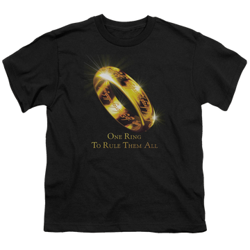 Black youth t-shirt for ages 8 to 12 with Lord of the Rings One Ring graphic