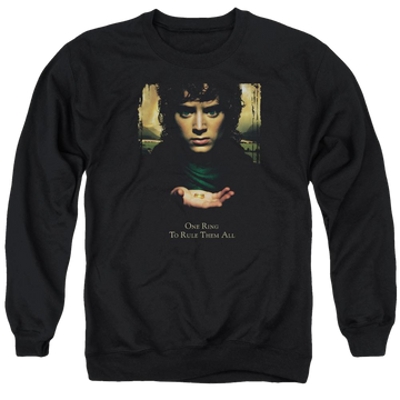 Black men's crewneck sweatshirt with Lord of the Rings Frodo One Ring graphic
