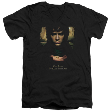 Black men's v-neck t-shirt with Lord of the Rings Frodo One Ring graphic
