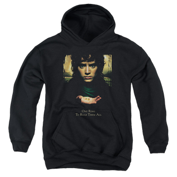 Black youth hoodie for ages 8 to 12 with Lord of the Rings Frodo One Ring graphic
