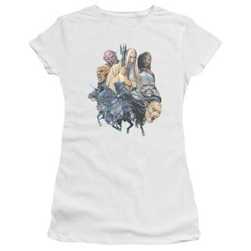 White juniors t-shirt with Lord of the Rings Collage Of Evil graphic