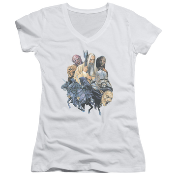 White juniors v-neck t-shirt with Lord of the Rings Collage Of Evil graphic