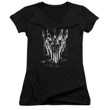 Black juniors v-neck t-shirt with Lord of the Rings Big Sauron Head graphic