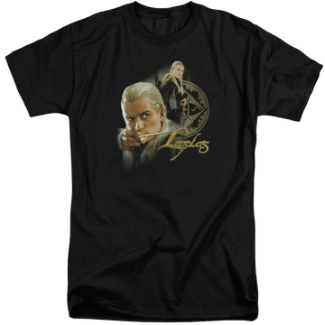 Black men's tall fit t-shirt with Lord of the Rings Legolas graphic