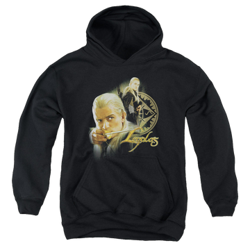 Black youth hoodie for ages 8 to 12 with Lord of the Rings Legolas graphic