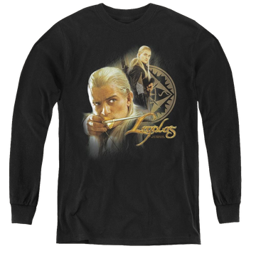 Black youth long sleeve t-shirt with Lord of the Rings Legolas graphic