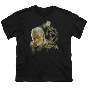 Black youth t-shirt for ages 8 to 12 with Lord of the Rings Legolas graphic
