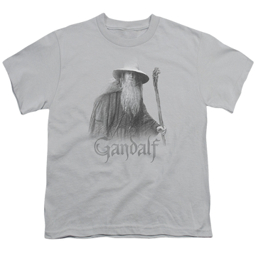 Silver youth t-shirt for ages 8 to 12 with Lord of the Rings Gandalf The Grey graphic
