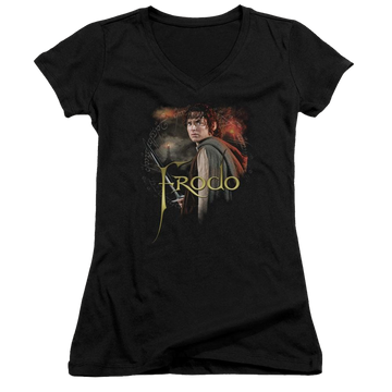 Black juniors v-neck t-shirt with Lord of the Rings Frodo graphic