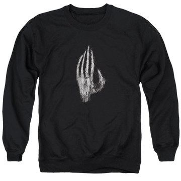 Black men's crewneck sweatshirt with Lord of the Rings Hand Of Saruman graphic