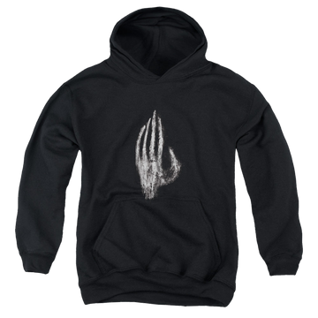 Black youth hoodie for ages 8 to 12 with Lord of the Rings Hand Of Saruman graphic