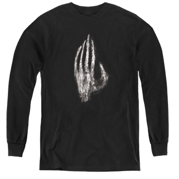 Black youth long sleeve t-shirt with Lord of the Rings Hand Of Saruman graphic