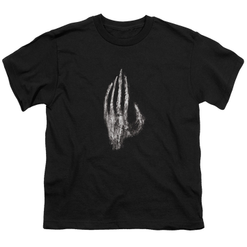 Black youth t-shirt for ages 8 to 12 with Lord of the Rings Hand Of Saruman graphic