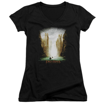 Black juniors v-neck t-shirt with Lord of the Rings Kings Of Old graphic