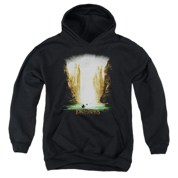 Black youth hoodie for ages 8 to 12 with Lord of the Rings Kings Of Old graphic