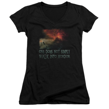 Black juniors v-neck t-shirt with Lord of the Rings Walk In Mordor graphic