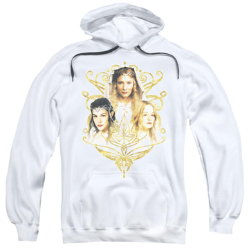 White pullover hoodie with Lord of the Rings Women Of Middle Earth graphic