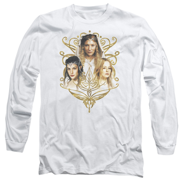 White men's long sleeve t-shirt with Lord of the Rings Women Of Middle Earth graphic