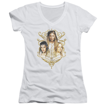 White juniors v-neck t-shirt with Lord of the Rings Women Of Middle Earth graphic