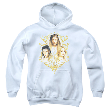 White youth hoodie for ages 8 to 12 with Lord of the Rings Women Of Middle Earth graphic