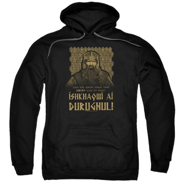 Black pullover hoodie with Lord of the Rings Ishkhaqwi Durugnul graphic