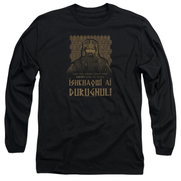 Black men's long sleeve t-shirt with Lord of the Rings Ishkhaqwi Durugnul graphic