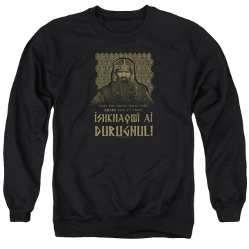 Black men's crewneck sweatshirt with Lord of the Rings Ishkhaqwi Durugnul graphic