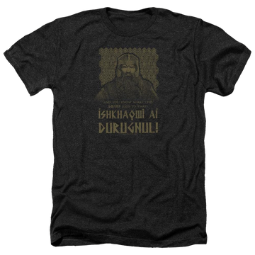 Charcoal men's heather t-shirt with Lord of the Rings Ishkhaqwi Durugnul graphic