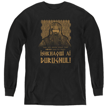 Black youth long sleeve t-shirt with Lord of the Rings Ishkhaqwi Durugnul graphic