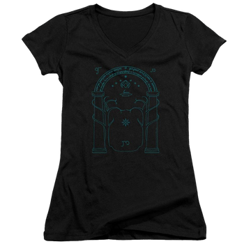 Black juniors v-neck t-shirt with Lord of the Rings Doors Of Durin graphic