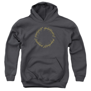 Charcoal youth hoodie for ages 8 to 12 with Lord of the Rings One Ring graphic