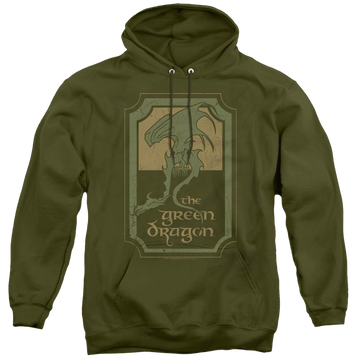 Military green pullover hoodie with Lord of the Rings Green Dragon Tavern graphic