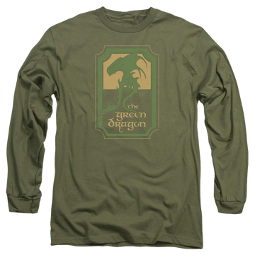 Military green men's long sleeve t-shirt with Lord of the Rings Green Dragon Tavern graphic