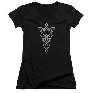 Black juniors v-neck t-shirt with Lord of the Rings Arwen Necklace graphic