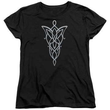 Black women's t-shirt with Lord of the Rings Arwen Necklace graphic