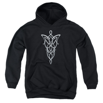Black youth hoodie for ages 8 to 12 with Lord of the Rings Arwen Necklace graphic