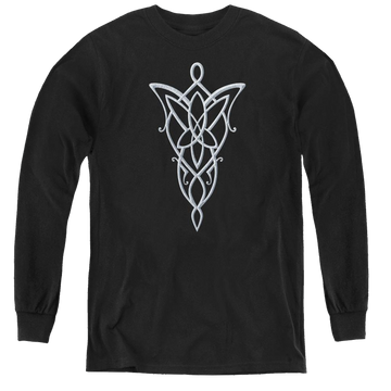 Black youth long sleeve t-shirt with Lord of the Rings Arwen Necklace graphic