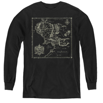 Black youth long sleeve t-shirt with Lord of the Rings Map Of Me graphic