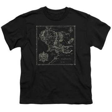 Black youth t-shirt for ages 8 to 12 with Lord of the Rings Map Of Me graphic