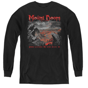 Black youth long sleeve t-shirt with Lord of the Rings Power Corrupts graphic