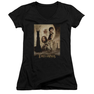 Black juniors v-neck t-shirt with Lord of the Rings Tt Poster graphic
