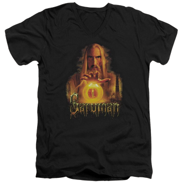 Black men's v-neck t-shirt with Lord of the Rings Saruman graphic